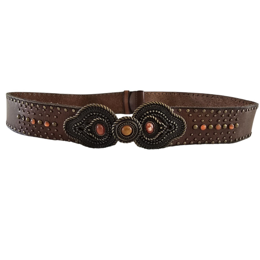 Y2K Studded Brown Leather  Belt Small / Medium Metal Jeweled Clasp Buckle Adjust